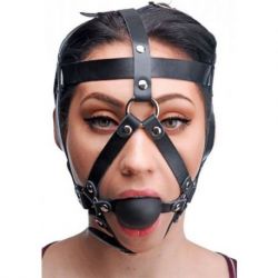 Maschera con morso master series leather head harness with ball gag