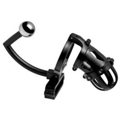 Imbracatura con dildo anale oppressor male chastity cage with ball clamp and anal hook